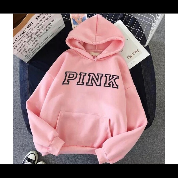 COMFORTABLE PINK + WHITE HOODIE WITH PINK LABEL - Picture 2 of 2